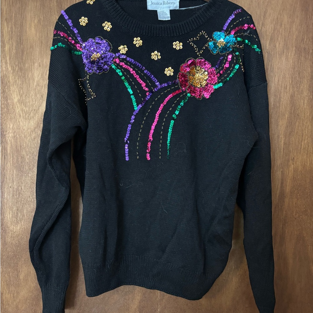 Vintage Black Sweater with Sequin Floral Embroidery